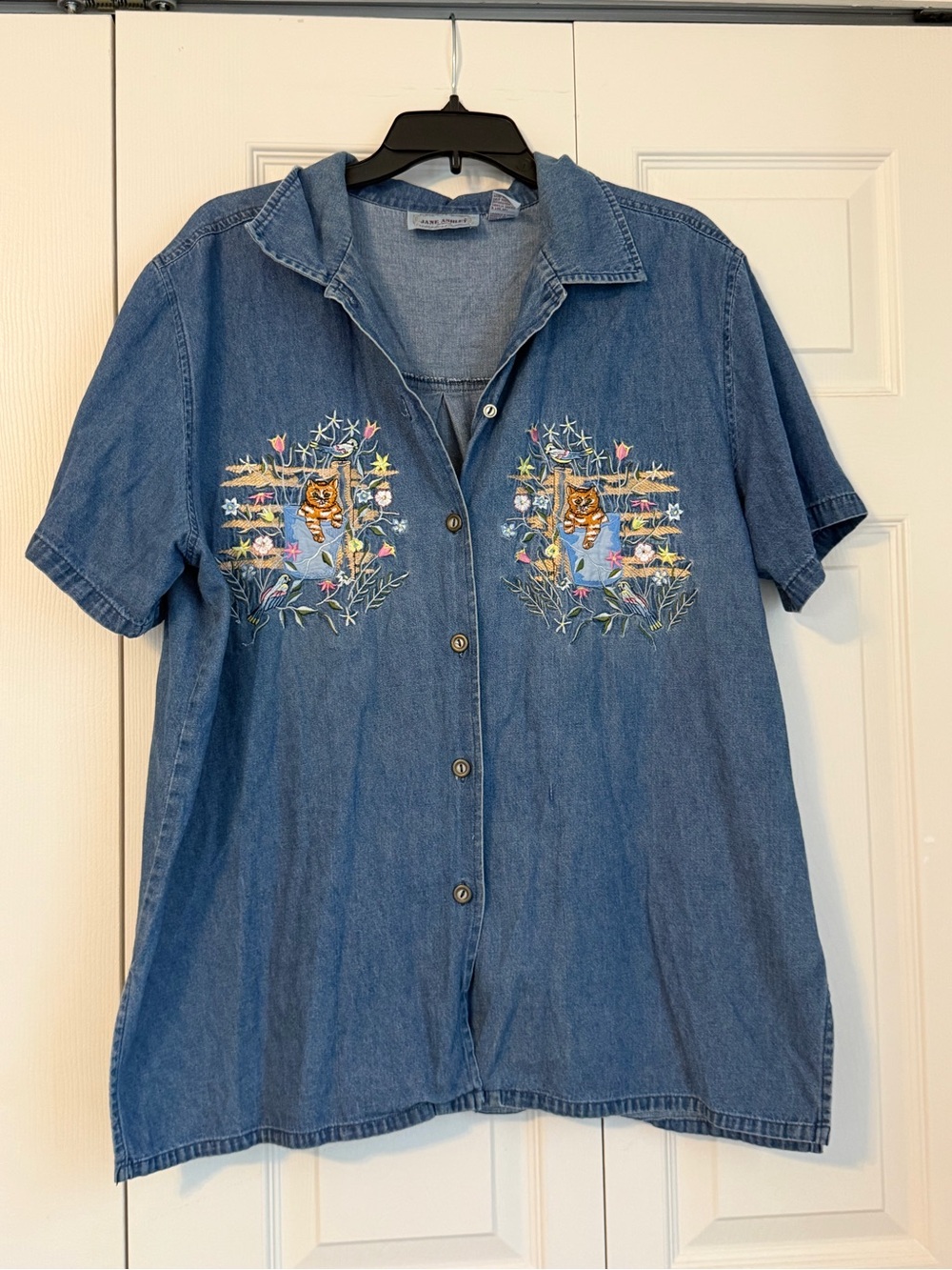 Vintage Embroidered Denim Short-Sleeve Shirt - Blue